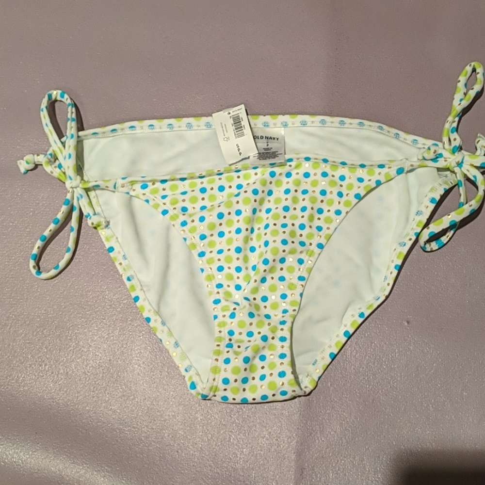 Bikini bottom with lime, turquoise, and gold dots